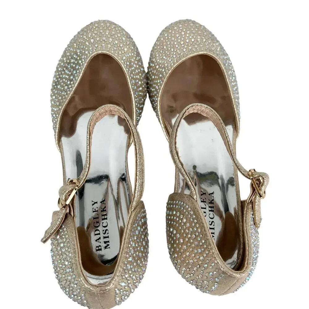Badgley Mischka Girls Metallic Dress Shoes 3 Rhinestones Light Gold BM84031